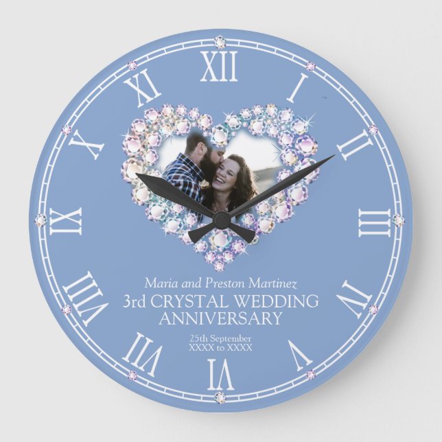 Crystal photo heart 3rd wedding anniversary large large clock (Front)