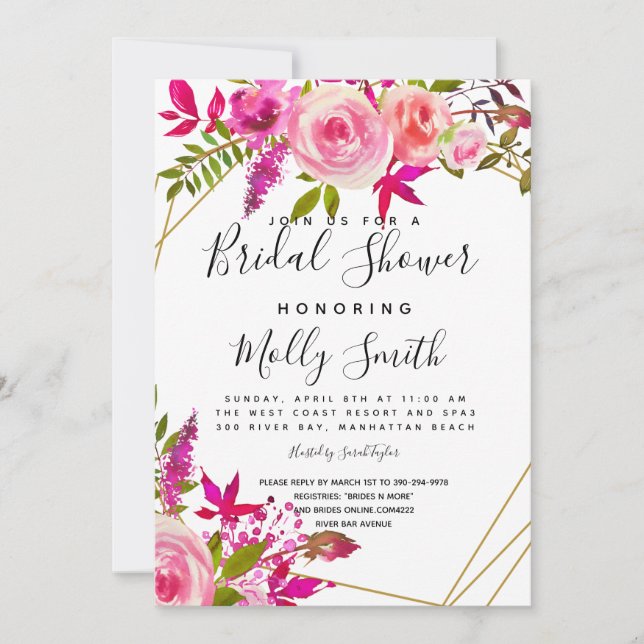 Crystal Pink Peach Roses Watercolor  Bridal shower Invitation (Front)