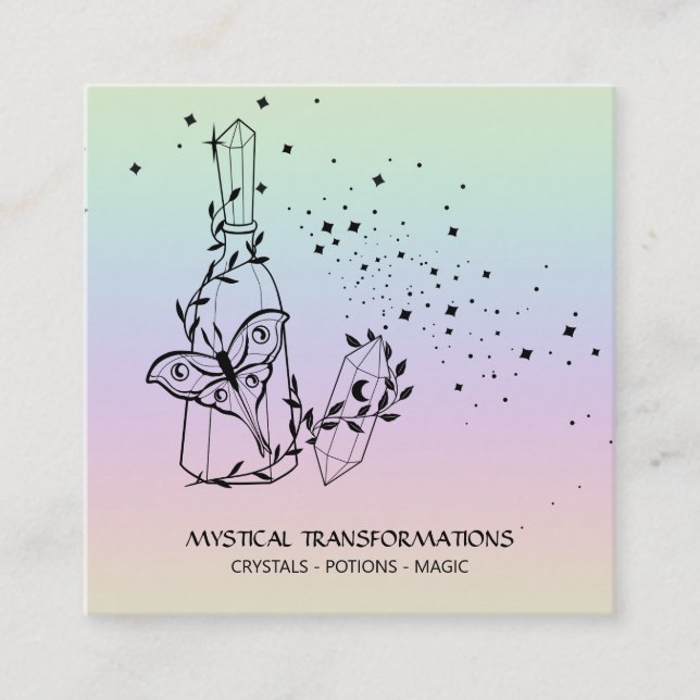 *~* Crystal Potions Luna Moth Stars Pastel Rainbow Square Business Card (Front)