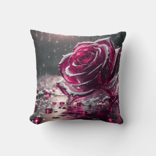“Crystal Rose with Raindrops- Gem-like Floral Art" Throw Pillow