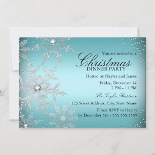 Crystal Snowflake Blue Christmas Dinner Party Invitation