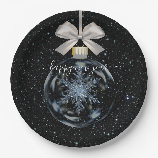 Crystal Snowflake Ornament New Year’s Card  Paper Plate (Front)