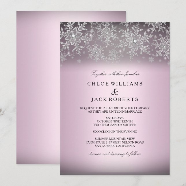 Crystal Snowflake Pink Winter Wedding Invitation (Front/Back)