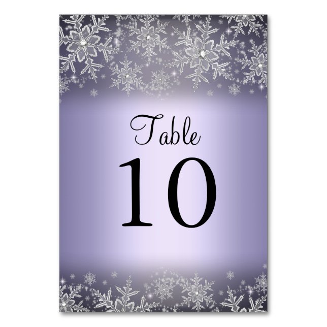 Crystal Snowflake Purple Winter Table Number Card (Front)