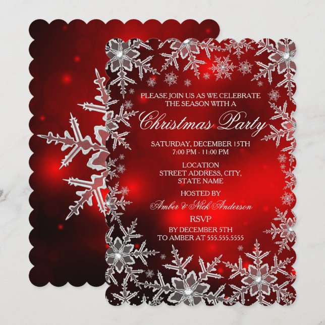Crystal Snowflake Red Christmas Party Scall Invitation (Front/Back)