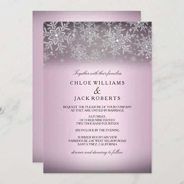 Crystal Snowflake rose hiver mariage Invitation (Devant / Derrière)