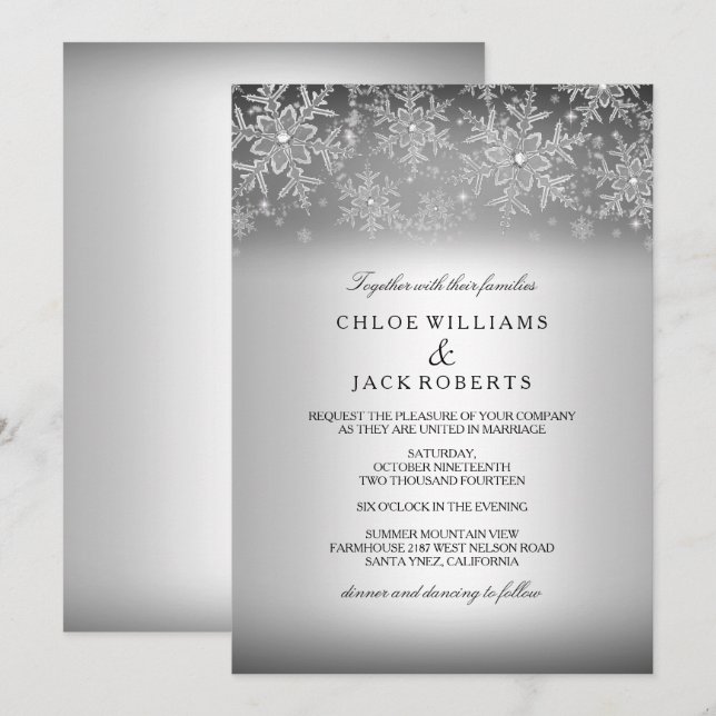 Crystal Snowflake Silver Winter Wedding Invitation (Front/Back)