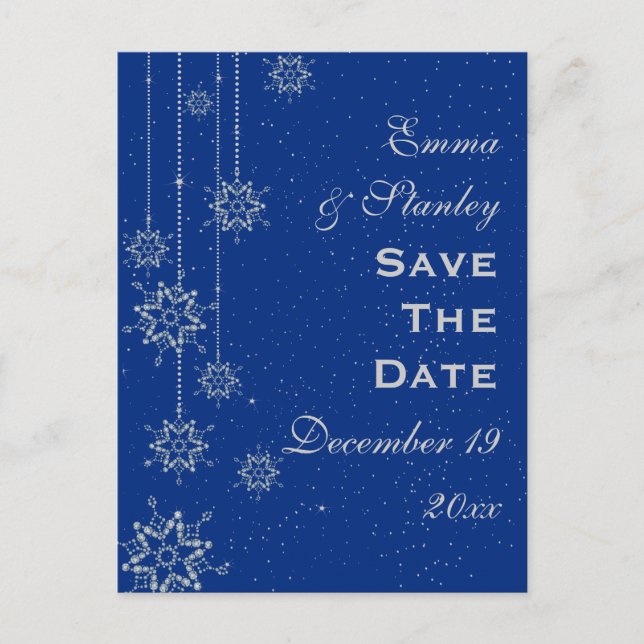 Crystal snowflakes blue wedding Save the Date Announcement Postcard (Front)