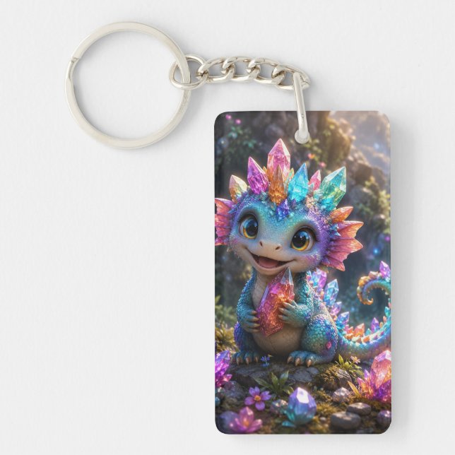 Crystal Sprout – Cute Crystal Dragon Fantasy Art Keychain (Front)
