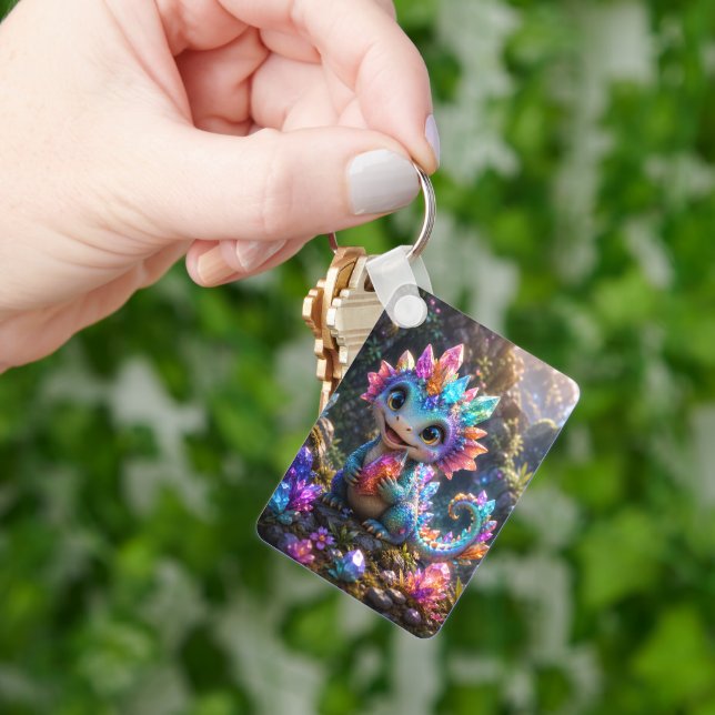 Crystal Sprout – Cute Crystal Dragon Fantasy Art Keychain (Hand)