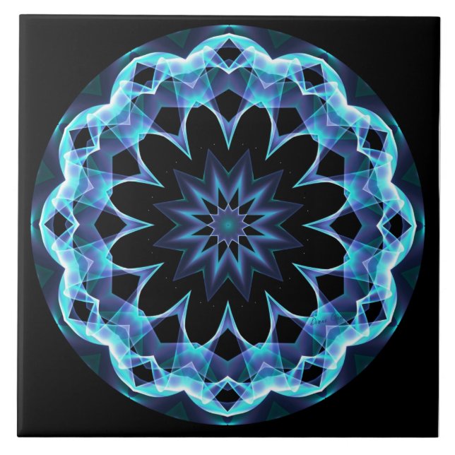 Crystal Star, Abstract Glowing Blue Mandala Tile (Front)