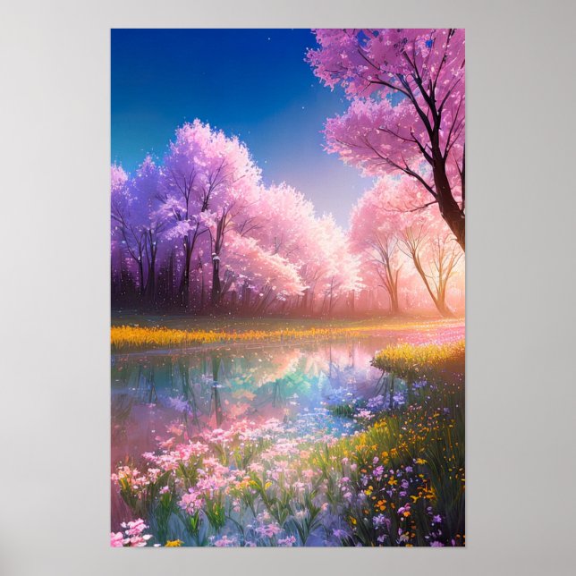Crystal Stream and Blossoming Field of Flowers Poster (Front)