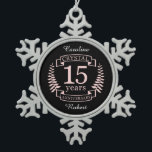 Crystal wedding anniversary 15 years snowflake pewter christmas ornament<br><div class="desc">A design to celebrate 15 years of marriage. This design has a pink coloured laurel design on a black background. Crystal is the traditional gift for this occasion. The text reads crystal 15 years anniversary. A romantic design to celebrate your 15th year of marriage. If you would like any help...</div>