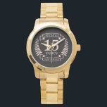 Crystal wedding anniversary 15 years watch<br><div class="desc">A design to celebrate 15 years of marriage. This design has a pink coloured laurel design on a black background. Crystal is the traditional gift for this occasion. The text reads crystal 15 years anniversary. A romantic design to celebrate your 15th year of marriage. If you would like any help...</div>