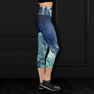 Crystalized Blue Agate   Dusty Slate Marbled Stone Capri Leggings