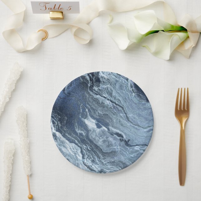 Crystalized Blue Agate | Dusty Slate Marbled Stone Paper Plate (Wedding)