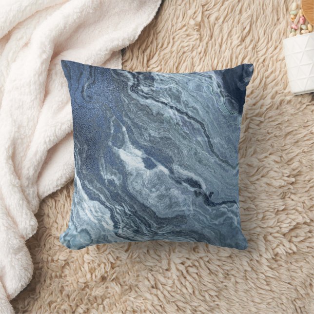 Crystalized Blue Agate | Dusty Slate Marbled Stone Throw Pillow (Blanket)