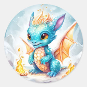 Crystalized Cute Baby Blue Dragon Classic Round Sticker