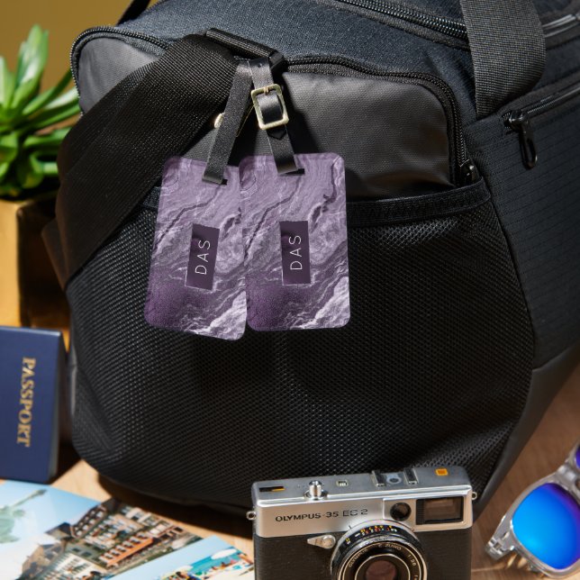 Crystalized Purple Agate | Moody Marbled Monogram Luggage Tag (Front & Back)