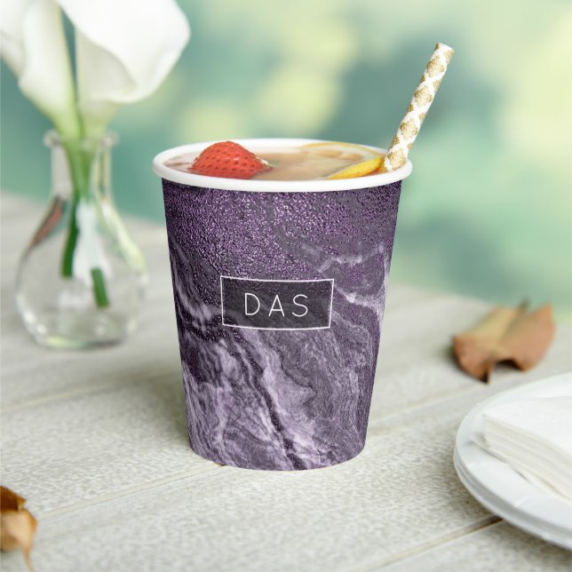 Crystalized Purple Agate | Moody Marbled Monogram Paper Cups (Insitu)