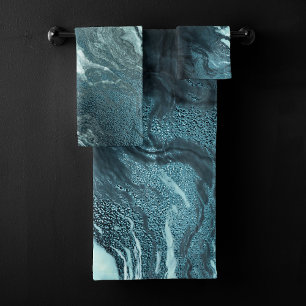 Crystalized Teal Agate   Dark Aqua Marbled Stone Bath Towel Set
