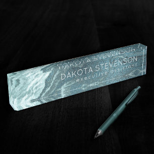Crystalized Teal Agate   Dark Aqua Marbled Stone Nameplate