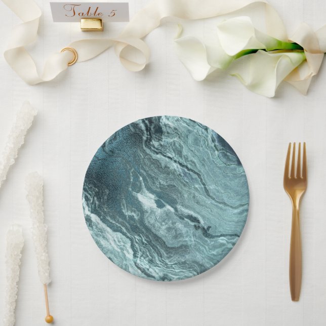 Crystalized Teal Agate | Dark Aqua Marbled Stone Paper Plate (Wedding)