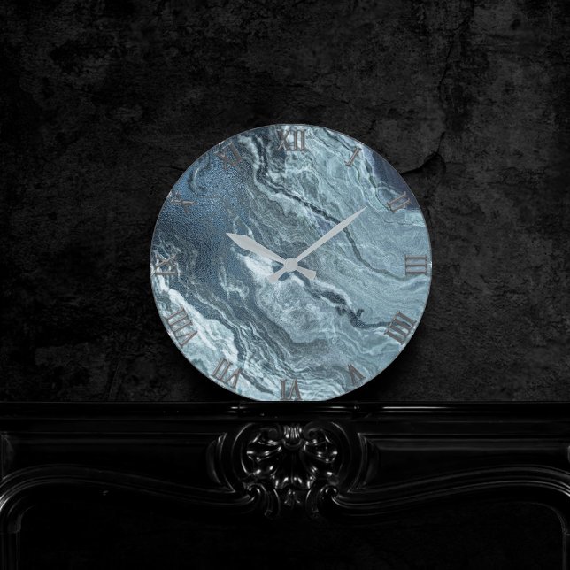 Crystalized Teal Agate | Dark Aqua Marbled Stone Round Clock (Creator Uploaded)