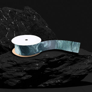 Crystalized Teal Agate Dark Aqua Marbled Stone Satin Ribbon