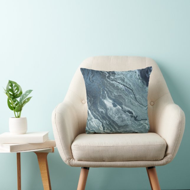 Crystalized Teal Agate | Dark Aqua Marbled Stone Throw Pillow (Chair)