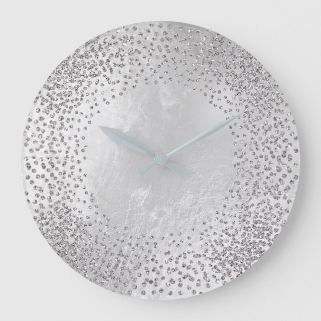 Crystals Confetti Glitter Grey Glass Silver Grey Large Clock (Front)