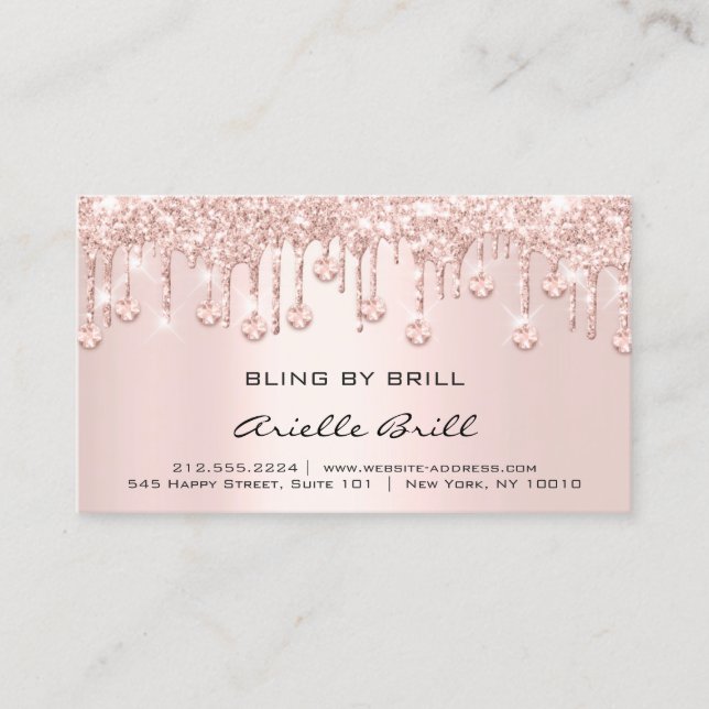 Crystals Drips Rose Pink Aftercare Instruction Business Card (Front)