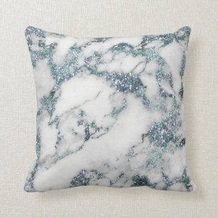 Crystals Glitter Aquamarine White Blue Marble Throw Pillow