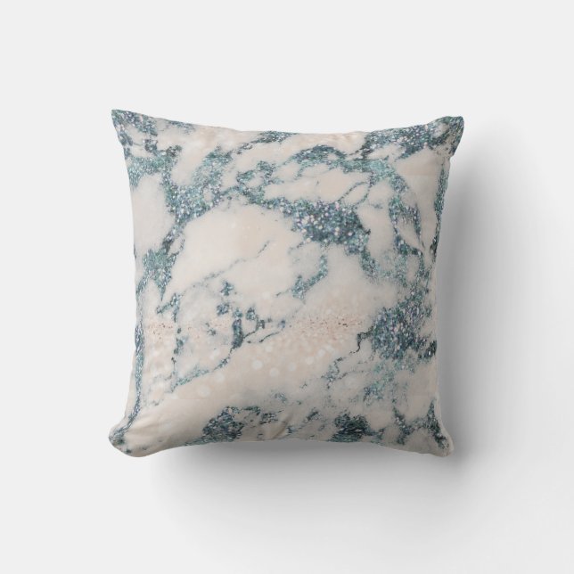 Crystals Glitter Peach White Blue Marble Throw Pillow (Front)