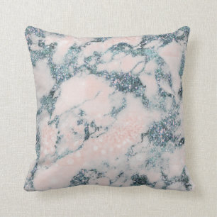 Crystals Glitter Peach White Blue Marble Throw Pillow