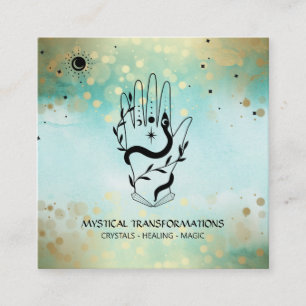 *~* Crystals Hand Snake Moon Magic Boho Teal Square Business Card