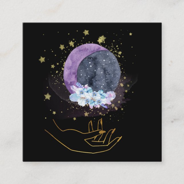 *~* Crystals Moon Sky Cosmos Healing Hand Square Business Card (Front)
