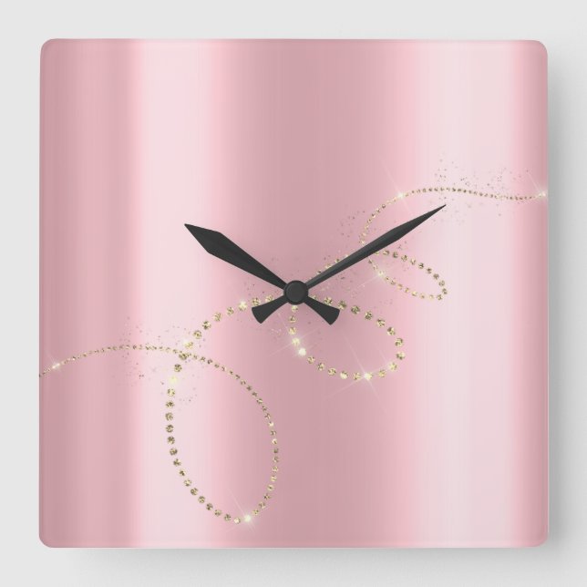 Crystals Pinnk Infinity Gold. Elegant Minimali Square Wall Clock (Front)