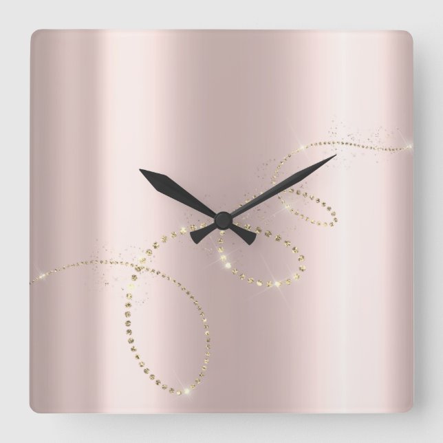Crystals Rose Infinity Gold. Elegant Blush Square Wall Clock (Front)