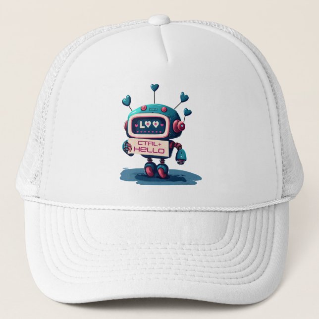 CTRL+ HELLO Denim Delight: Cute Robot Sparky Trucker Hat (Front)
