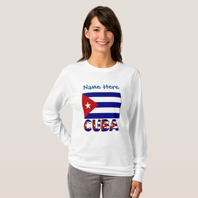 Cuba and Dark Blue Cuban Flag Blue Personalization T-Shirt (Front Full)