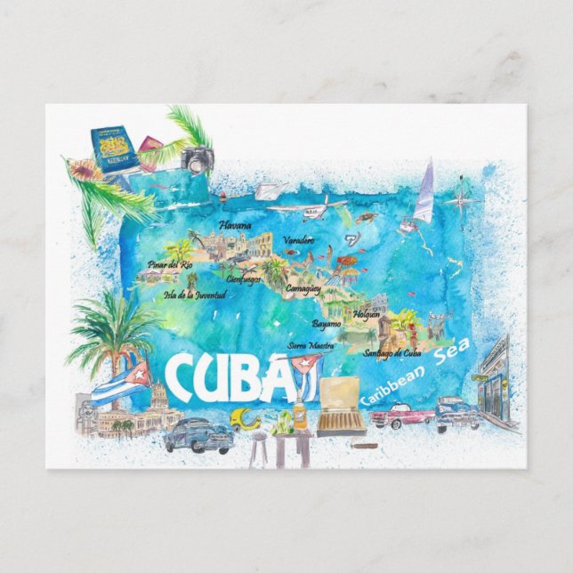 Cuba Antilles Illustrated Travel Map with Roads  Postcard (Front)