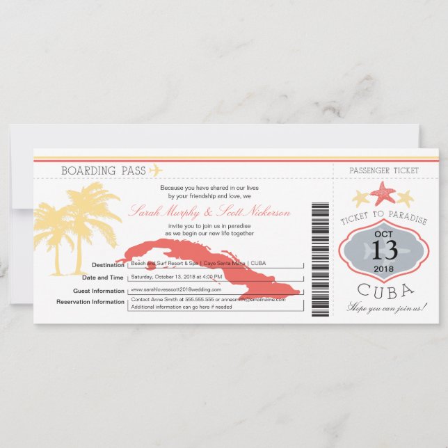 Cuba Boarding Pass Wedding Invitation (Front)
