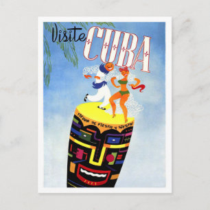 Cuba, dancing couple on drum, vintage travel postcard