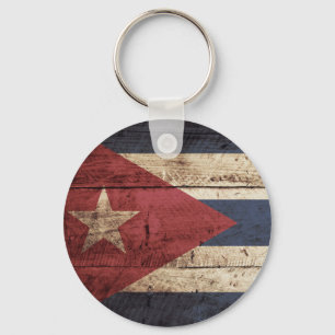 Cuba Flag on Old Wood Grain Keychain