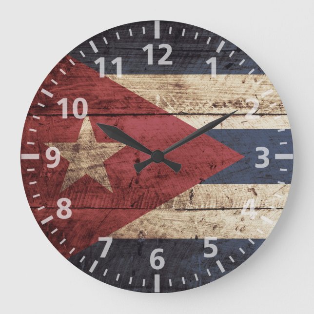 Cuba Flag on Old Wood Grain Large Clock (Front)