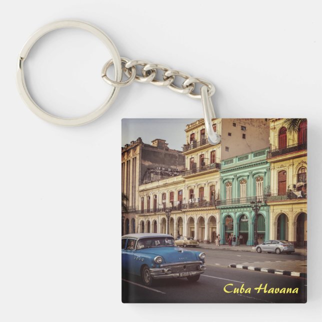 Cuba Havana Vintage Classic Car Cityscape Keychain (Front)