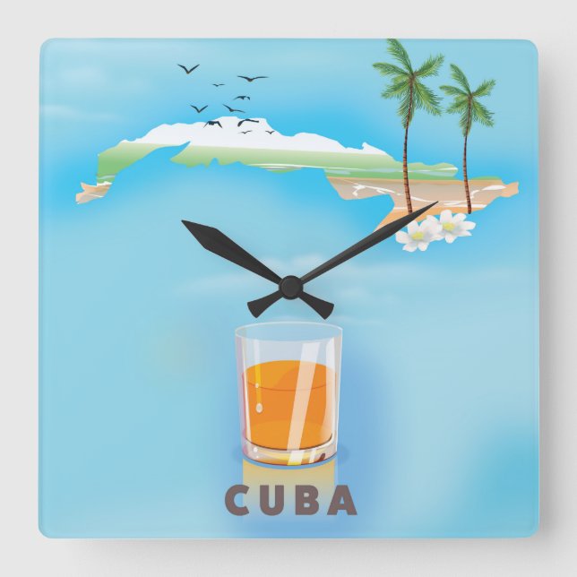Cuba Illustrated map travel poster Square Wall Clock (Front)