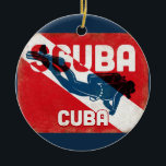 Cuba Scuba Diver - Blue Retro Ceramic Ornament<br><div class="desc">Cuba scuba diving design. A vintage style retro red scuba flag background with navy blue scuba diver.</div>