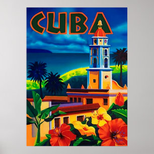 Cuba, tropic isle, city tower, vintage, travel poster